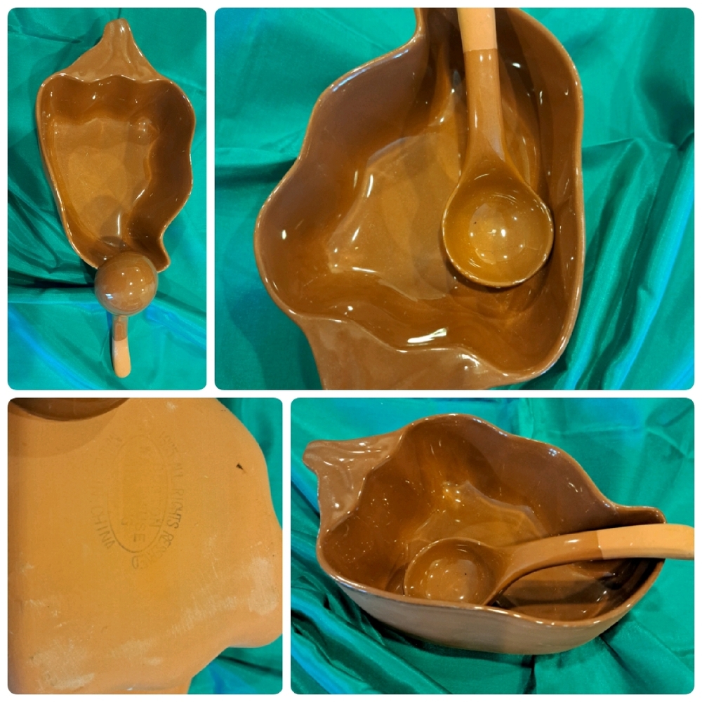 Glazed Terra Cotta Pepper Shaped Salsa Dish W/ Serving Spoon NEW